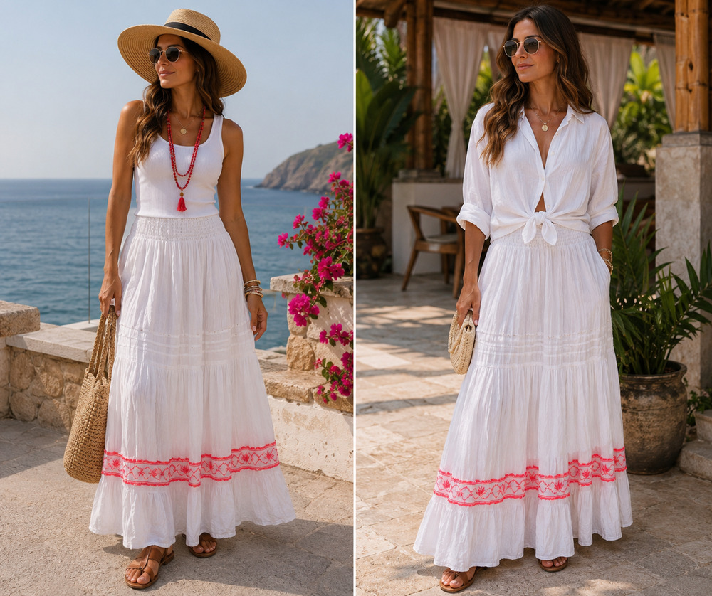 White Cotton embroidered Tiered Crinkle Maxi Skirt Smocked Waist Boho Cottage XL